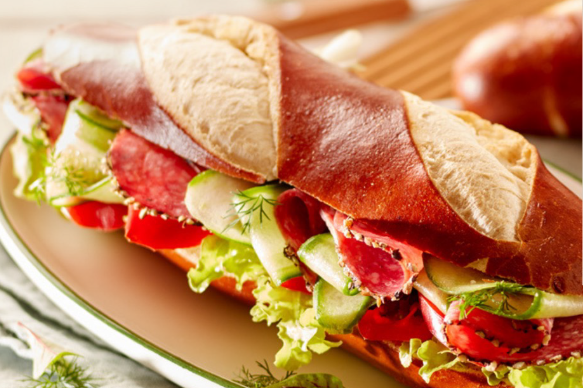 Weihs-Pretzel-rolls-new Fresh sandwich with a delicious pretzel roll.